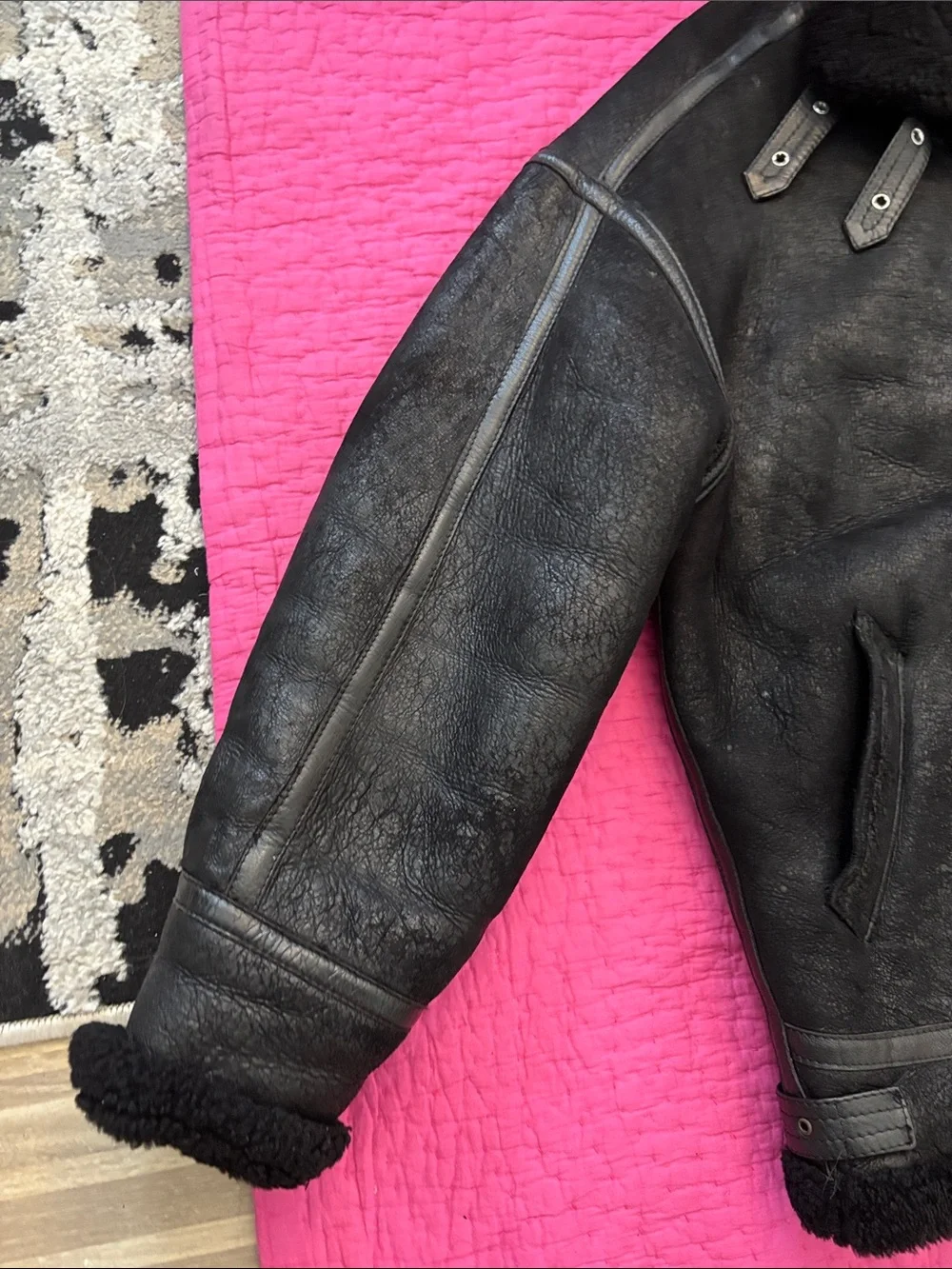 Black genuine leather Shearling Bomber Jacket - Men, M